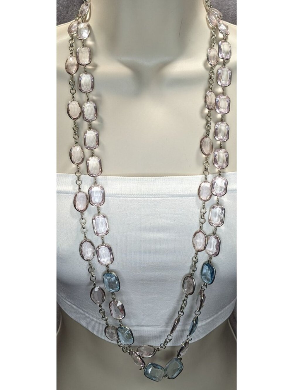 Talbots Layered Faceted Crystal Gem Necklace Pink Blue Pastel Silver Tone Coquet
